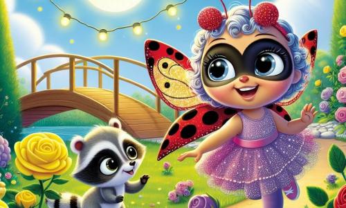 Una pequeña mariquita de alas rojas brillantes y puntos negros, llamada Lila, se encuentra en el centro de la escena, sonriendo con valentía y alegría. A su lado, un pequeño mapache llamado Rayo, con pelaje gris y ojos brillantes, levanta las patas en señal de agradecimiento mientras se libera de las ramas de un arbusto. Al fondo, una mariposa colorida, Pinta, vuela alegremente a su alrededor, añadiendo un toque de magia a la escena. El decorado es un jardín encantador, lleno de flores vibrantes en tonos de rosa, amarillo y violeta, bajo un cielo azul claro con nubes blancas esponjosas. Luciérnagas brillan alrededor, iluminando el camino hacia un puente de madera que conduce a un misterioso bosquecillo. La situación principal muestra a Lila y sus amigos unidos, listos para cruzar el Puente de las Sombras, simbolizando su valentía y amistad mientras se preparan para vivir una gran aventura juntos.
