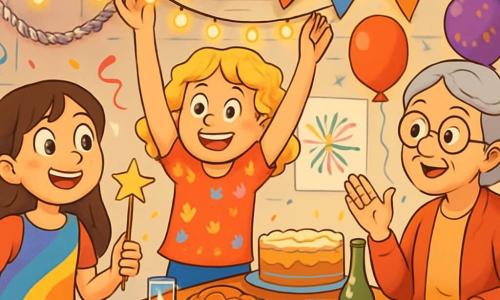Hay 3 personajes: - Clara: una niña de 10 años con cabello largo y castaño y ojos brillantes. Lleva un vestido colorido y sostiene una varita mágica, sonriendo con entusiasmo. - Lucía: una niña de 10 años con cabello rubio y rizado, vestida con una camiseta de motivos festivos. Está decorando la pared con guirnaldas brillantes, mostrando una gran sonrisa. - La abuela Rosa: una mujer mayor con cabello gris y gafas redondas, vestida con un suéter rojo. Está sentada en una silla, contando una historia cautivadora a los adultos, con una expresión bondadosa. El lugar es un sótano festivo, lleno de luces brillantes y decoraciones coloridas. Guirnaldas doradas y plateadas cuelgan del techo, mientras una gran mesa está cargada de deliciosos bocados y bebidas espumosas. Las paredes están adornadas con dibujos y globos, creando un ambiente cálido y alegre. La situación principal muestra a Clara y Lucía, rodeadas de sus familias, celebrando el Año Nuevo. En el momento en que el contador llega a la medianoche, serpentinas flotan en el aire, iluminando la cara maravillada de todos. Las risas y aplausos resuenan, creando una atmósfera mágica y festiva.