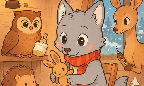 Die Hauptfigur ist ein kleiner hellgrauer, anthropomorpher Wolf namens Luki mit großen runden Augen und rosa Wangen, schüchtern lächelnd, der auf einem kleinen Holzstuhl sitzt, eine rot gestreifte Schal trägt und einen gebrochenen Holzhasen repariert; links sitzt die braune Eule Emma mit goldenen Augen auf einem Regal und reicht mit dem Flügel einen Klebetopf, ein runder brauner Igel bringt Schaumstoffstreifen und steht bei Lukis Füßen, ein anmutiges lächelndes Reh hält Nadel und Faden hinter dem Tisch bereit zu helfen; Schauplatz ist eine verschneite Lichtung als gemütliche Werkstatt mit Holztisch, warmen Laternen, Zapfengirlanden und schneebedeckten Tannen am Fenster; Szene: gemeinsame Reparatur des Spielzeugs, zärtliche Gesten, goldenes Licht, warme Farben und sanfte Kontraste im einfachen expressiven Manga-Stil.