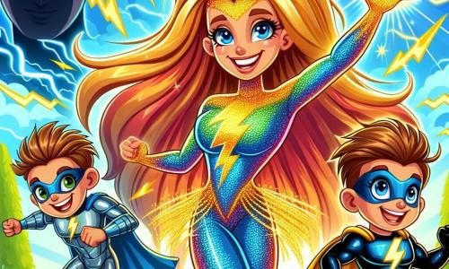 No centro da imagem, Luz Radiante, uma super-heroína, se destaca com seus longos cabelos dourados brilhando como o sol e seus olhos azuis cheios de determinação. Ela veste um traje colorido que brilha, com uma capa esvoaçante atrás de si, levantando uma mão para o céu e emitindo raios de luz que iluminam a cena. À sua direita, Tempestade Veloz, um garoto de 10 anos com cabelos desgrenhados e expressão alegre, corre rapidamente, criando redemoinhos de vento. Ele usa um traje azul com raios amarelos e um sorriso confiante. À sua esquerda, Proteção de Ferro, um garoto de 12 anos com armadura brilhante e olhar sério, se prepara para defender Luz Radiante, com os braços cruzados e pronto para agir. O cenário é um parque vibrante de Lumiville, com árvores coloridas, flores brilhantes e um céu azul claro, onde uma sombra ameaçadora, representando Sombra Maligna, se perfila ao longe. A cena é cheia de energia, com flashes de luz e movimentos dinâmicos, ilustrando o momento crucial em que os heróis se unem para combater a escuridão.