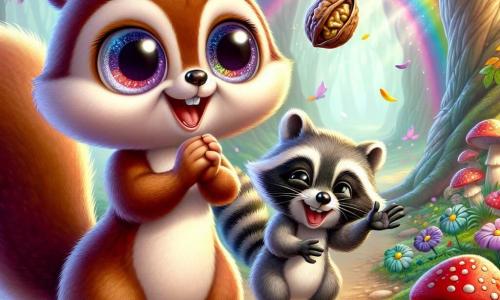 Max, ein kleines Erdhörnchen mit funkelnden Augen und braunem Fell, steht im Mittelpunkt der Szene, die Pfoten in die Luft erhoben, erstaunt über einen bunten Regenbogen, der über ihm leuchtet. Sein Gesichtsausdruck zeigt Überraschung und Freude, mit einem großen Lächeln. Neben ihm lacht Lenny, ein schelmischer Waschbär mit grauem Fell und schwarzen Streifen, seine Augen glänzen vor Schalk. Er hält eine schwebende Nuss in einer Hand, als hätte er ein magisches Geheimnis entdeckt. Die Kulisse ist eine verzauberte Lichtung, umgeben von Bäumen mit verdrehten Stämmen und bunten Blättern, wo seltsame Blumen im Wind tanzen. Der Boden ist mit leuchtend bunten Pilzen übersät, und ein sanfter Sonnenstrahl filtert durch die Äste und schafft eine märchenhafte Atmosphäre. Die Hauptsituation zeigt Max und Lenny, die ihre neuen magischen Fähigkeiten entdecken, während Früchte und Blumen um sie herum schweben, in einer fröhlichen und verspielten Stimmung, erfüllt von Magie und Staunen.