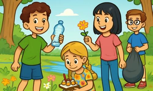 Er zijn 4 kinderen: - Tom: een 10-jarig jongetje met bruin, krullend haar, gekleed in een groen T-shirt en een blauwe short. Hij staat rechtop, met een plastic fles die hij net heeft opgepakt, en een vastberaden glimlach op zijn gezicht. - Lotte: een 9-jarig meisje met lange blonde vlechten, gekleed in een kleurrijke bloemenjurk. Ze zit op de grond, schrijft in een klein notitieboekje met een potlood en observeert aandachtig de wilde bloemen om zich heen. - Noor: een 10-jarig meisje met zwart, steil haar, gekleed in een roze T-shirt en een spijkerbroek. Ze staat naast Lotte en toont enthousiast een bloem aan Tom. - Sam: een 9-jarig jongetje met kastanjebruin haar en een bril, gekleed in een blauw T-shirt en een kaki short. Hij staat iets verder weg met een vuilniszak in zijn hand, klaar om afval op te ruimen. De scène speelt zich af in een mooie, zonnige open plek, omringd door majestueuze bomen met heldergroene bladeren. Kleurrijke wilde bloemen bedekken de grond en een klein beekje schittert in de buurt, dat de blauwe lucht weerspiegelt. De kinderen zijn bezig de open plek schoon te maken, terwijl ze vrolijk praten over het belang van de natuur te beschermen. Hun enthousiasme is voelbaar en illustreert hun betrokkenheid bij ecologie.