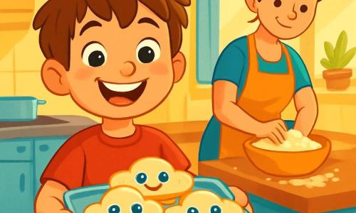 A 6-year-old boy with messy brown hair and sparkling eyes stands in a bright kitchen, holding a tray filled with cloud-shaped pancakes, with blueberries for eyes and syrup gently dripping. He has a big smile, his cheeks flushed with excitement. Next to him, his mom, a woman in her 30s with brown hair in a bun, smiles at him, her hands covered in flour as she prepares a cake. The cozy kitchen has sunny yellow walls, a wooden table scattered with crayons and colored paper, and a window letting in morning light, illuminating the space with soft golden rays. The main scene shows the boy, ready to surprise his dad for Father's Day, with a proud and eager expression on his face, while his mom encourages him with a knowing look.