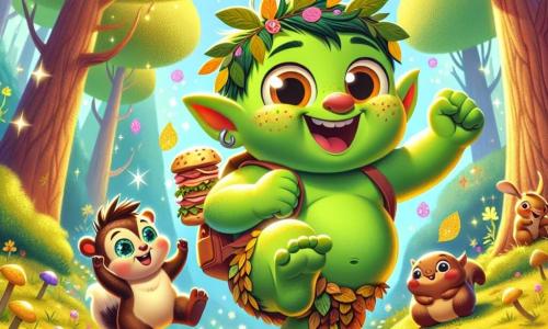 In een zonnige open plek danst een kleine ogre genaamd Ollie, met een stralende groene huid en grote ronde ogen vol nieuwsgierigheid. Hij draagt een klein hoedje van bladeren en een kleurrijke rugzak vol sandwiches, met een brede glimlach die zijn enthousiasme voor avontuur toont. Naast hem hangt zijn beste vriend Sam, een kleine bruine eekhoorn met sprankelende ogen, aan een tak, lachend en probeer het ritme van Ollie's dans te volgen. De scène speelt zich af in een magische open plek, omringd door grote bomen met kleurrijke bladeren die onder de zon glinsteren, met levendige bloemen die lijken te dansen op de vrolijke muziek. Ollie en Sam vieren hun vriendschap door samen te dansen, omringd door dansende puddings die bijdragen aan de feestelijke sfeer, terwijl ze op weg zijn naar een glinsterende grot waar de Glimlachende Kristal zich verstopt.