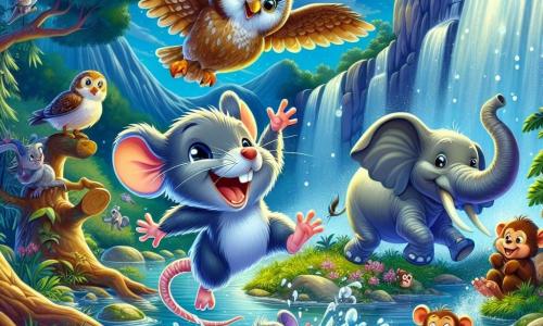Ein kleiner Ratte namens Rudi, mit grauem Fell und schelmischen Augen, springt fröhlich in eine Wasserpfütze und spritzt um sich. Er hat ein breites Lächeln im Gesicht, das seine Begeisterung für das Abenteuer zeigt. Neben ihm fliegt eine Eule namens Ella, mit großen braunen Federn und weisen Augen, lachend über die Gruppe. Ein schelmischer Affe namens Max, mit braunem Fell und einem langen Schwanz, schwingt sich von Ast zu Ast, bereit ins Wasser zu tauchen. Schließlich steht ein Elefant namens Emil, mit grauer Haut und großen Ohren, am Rand des Baches und spritzt mit seinem Rüssel Wasser. Die Szene spielt sich in der Nähe eines großen, wunderschönen Wasserfalls ab, umgeben von funkelnden Steinen und üppigem Grün, in dem das Mondlicht auf dem sprudelnden Wasser reflektiert. Rudi und seine Freunde haben Spaß, spritzen Wasser und lachen im Mondschein und fangen den Geist von Abenteuer und Kameradschaft an diesem magischen Abend im Zoo ein.