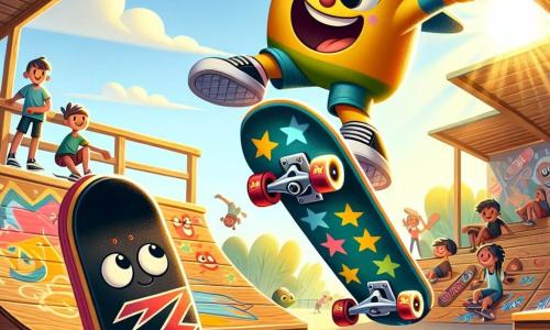 Ein Skateboard namens Skippy, fröhlich und bunt mit Sternenmustern, führt einen beeindruckenden Kickflip in einem sonnigen Skatepark aus, sein strahlendes Lächeln zeigt seine Begeisterung. Neben ihm beobachtet Rocco, ein schwarzes Skateboard mit roten Blitzen, entschlossen und bereit, einen neuen Trick auszuprobieren, während seine Räder in der Sonne funkeln. Der Skatepark ist voller Holzramps, bunter Graffiti an den Wänden und spielender Kinder, was eine dynamische und fröhliche Atmosphäre schafft. Die Hauptsituation zeigt Skippy und Rocco in Aktion, vereint im Teamgeist, die Schwerkraft herausfordernd und einen Moment der Kameradschaft unter den Lachen und Anfeuerungen anderer Skater teilend.