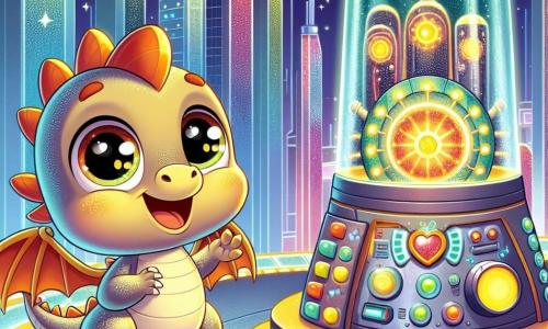 A small dragon with shiny, sparkling scales and big, curious eyes stands joyfully at the top of a glittering tower, its little wings spread in a happy gesture. It gazes in wonder at a large, mysterious futuristic device, smiling and ready to uncover its secrets. Next to it is a large, bright Eco-Magic Machine with flashing lights and colorful buttons, standing proudly. Its lights sparkle with joy, appearing friendly as if sharing a secret with the little dragon. The setting is a futuristic city called Glimmering Skies, where tall, shimmering buildings made of glass and metal reflect the colors of the sky. Glowing roads wind between the towers, and trees with luminescent leaves add a touch of magic to the environment. The main scene shows the little dragon and the Eco-Magic Machine working together to solve a small problem, with the dragon happily pushing a stuck propeller while the device encourages it with bright lights and cheerful sounds.