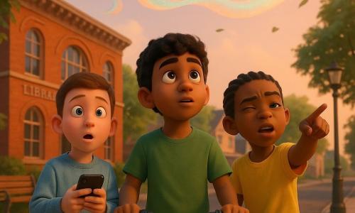 Three boys, all 11: Kavi, tan skin, short curly black hair, green T‑shirt and jeans, center with one hand on his bike handlebar looking at the light; Milo, fair skin, crew‑cut brown hair, light blue sweatshirt, left of Kavi holding his phone looking surprised; Jalen, dark skin, short braided hair, yellow T‑shirt, right of Kavi squinting and pointing at the light; they stand at the curb of a neighborhood street in the late afternoon in front of a red brick library with a sidewalk, wooden park bench, trembling green tree leaves, houses and modern lampposts in the background and a peach‑tinted sky; a translucent ribbon of light descends and floats above the street like a glowing serpent, layered peach, mint and light blue with a slightly iridescent texture, and a small round symbol with three dots hovers above it like a notification.