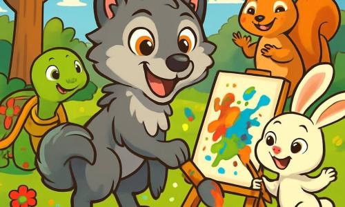 A young wolf with amber eyes and soft, silky fur stands at the center of the scene, displaying a big smile of excitement and curiosity. It is painting with its tail, creating splashes of bright colors on a canvas. Next to it, a small bunny with large ears and soft white fur jumps for joy, its sparkling eyes filled with enthusiasm, holding a paintbrush in its paws. In the background, a wise turtle with a shell adorned with colorful patterns watches with a kind smile, while a joyful squirrel, with reddish fur and bright eyes, signs with its paws, sharing its happiness with friends. The setting is a sunny clearing surrounded by majestic trees with vibrant green leaves, with colorful flowers scattered on the ground. The scene depicts a moment of creativity and friendship, where all characters are having fun together, celebrating their differences through art.