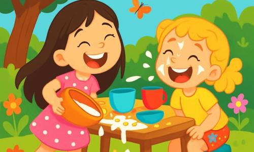 Ci sono 2 personaggi principali: Emma, una bambina di 6 anni con lunghi capelli castani e occhi scintillanti, indossa un vestito rosa a pois bianchi e sorride maliziosamente, mentre tiene un grande ciotola di cereali rovesciata a sinistra. Sofia, una bambina di 5 anni con capelli biondi ricci e occhi blu brillanti, indossa una maglietta gialla vivace e pantaloni corti a fiori, ed è accovacciata a destra, ridendo con schizzi di latte sul viso. La scena si svolge in un giardino soleggiato, pieno di fiori colorati, farfalle volanti e un grande albero con foglie verdi lussureggianti. Al centro, un tavolo di legno è coperto di stoviglie colorate e giocattoli sparsi, creando un'atmosfera gioiosa e ludica. Le due sorelle ridono insieme dopo un piccolo incidente durante la colazione, con latte che ha traboccato sul tavolo e cereali sparsi, illustrando la loro complicità e gioia di stare insieme.