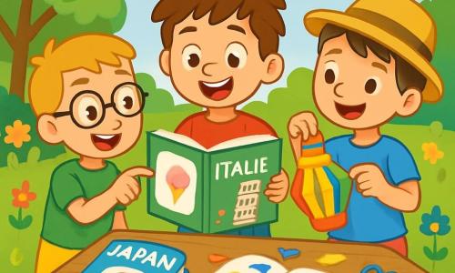 Er zijn 3 personages: - Tim: een 8-jarig jongen met rommelig bruin haar, gekleed in een rode t-shirt en een blauwe short. Hij staat in het midden, glimlachend, met een boek over Italië in zijn handen. - Sam: een 7-jarig jongen met blond haar en een bril, gekleed in een groene t-shirt en een gele short. Hij staat links van Tim en wijst naar een afbeelding van een ijsje in het boek. - Joep: een 8-jarig jongen met kastanjebruin haar en een strooien hoed, gekleed in een lichtblauwe t-shirt en een oranje short. Hij staat rechts van Tim en houdt een gekleurde papieren lamp in zijn handen die hij zelf gemaakt heeft. De situatie speelt zich af in een mooie zonnige tuin, vol kleurrijke bloemen en groene bomen. Een grote houten tafel staat in het midden, bedekt met open boeken en kunstmaterialen om lampions te maken. De lucht is blauw met enkele fluffy witte wolken. De hoofdscène van het verhaal toont de drie vrienden die samen plezier hebben, boeken over Italië en Japan ontdekken en kleurrijke lampions maken. Ze zijn omringd door een vrolijke sfeer en een zomerse ambiance, met gelach en stralende glimlachen.