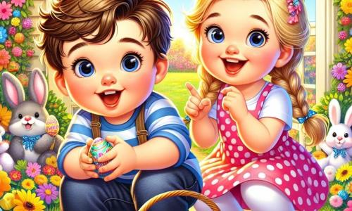 Un niño pequeño de 2 años, Lucas, con el cabello castaño despeinado y grandes ojos curiosos, busca con una expresión de sorpresa y emoción en su rostro. Está agachado, sosteniendo una pequeña cesta de mimbre llena de confeti de colores. Su hermana, una niña de 4 años con trenzas rubias y un vestido rosa con lunares, está a su lado, sonriendo y señalando hacia un rincón del jardín. Se encuentran en un jardín soleado, lleno de flores brillantes, conejos de peluche y decoraciones de Pascua coloridas. La escena principal muestra a Lucas y su hermana en plena búsqueda del gran huevo de Pascua escondido, rodeados de una atmósfera alegre y festiva.