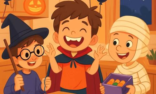 Há 3 personagens: Tiago, um garoto de 8 anos com cabelos castanhos bagunçados e um grande sorriso, vestindo uma capa de vampiro vermelha com dentes de plástico brilhantes, está no centro levantando os braços com entusiasmo. Lucas, também de 8 anos, usa óculos redondos e um chapéu de bruxo preto um pouco torto, com um olhar travesso e segurando uma varinha mágica de madeira, está à esquerda de Tiago, sorrindo e pronto para lançar um feitiço. Pedro, igualmente de 8 anos, tem cabelos loiros e está envolto em bandagens como uma múmia, com um olhar brincalhão e segurando uma caixa de doces, está à direita de Tiago, rindo e mostrando os doces aos amigos. O cenário é uma cozinha aconchegante decorada para o Halloween, com teias de aranha, lanternas de abóbora iluminadas e biscoitos em forma de morcego na mesa, enquanto balões pretos flutuam no teto e uma grande janela exibe a noite estrelada. A cena principal mostra os três amigos costurando juntos a capa de Tiago, com fios coloridos espalhados ao redor, rindo e se encorajando, criando uma atmosfera alegre e amigável, cheia de magia e aventura.