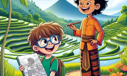 No primeiro plano, Lucas, um menino de 8 anos com cabelos castanhos e óculos, sorri alegremente segurando um grande caderno de desenho. Ao seu lado, Bali, um menino balinês de 9 anos com cabelos negros e uma túnica tradicional colorida, mostra um desenho que eles fizeram juntos. Eles estão em um caminho estreito cercado por campos de arroz verdejantes. Ao fundo, vêem-se campos de arroz em terraços brilhando sob o sol, com reflexos de água que criam um efeito espelho. Montanhas majestosas se erguem ao longe, enquanto flores exóticas de cores vibrantes adicionam um toque de magia à cena. A situação principal mostra Lucas e Bali desenhando um grande mapa dos campos de arroz, cercados por plantações luxuriantes, enquanto riem e compartilham histórias sobre suas culturas.