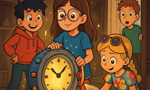 Er zijn 4 kinderen: Julia, een 11-jarig meisje met lange bruine haren en ronde brillen, draagt een blauwe t-shirt en een spijkerbroek. Ze staat in het midden, met grote ogen van nieuwsgierigheid, terwijl ze een grote knop op een mysterieuze klok draait. Amir, een 11-jarige jongen met rommelige zwarte haren en een ondeugende glimlach, draagt een rode hoodie en groene sneakers. Hij staat iets naar achteren, met zijn handen op zijn heupen, en kijkt opgewonden naar de scène. Emma, een 11-jarig meisje met gevlochten blonde haren en een zonnebril op haar hoofd, draagt een kleurrijke bloemenjurk. Ze zit naast de tafel en bladert door de oude krant van opa, met glinsterende ogen van ontdekking. Bas, een 11-jarige jongen met kastanjebruine haren en sproeten op zijn gezicht, draagt een groene t-shirt en cargo-broek. Hij staat bij de deur van de oude schuur en kijkt verbaasd naar binnen. De situatie speelt zich af in een oude houten schuur, vol stof en antieke voorwerpen. Spinwebben hangen in de hoeken en zonnestralen filteren door de vieze ramen. In het midden staat een grote metalen klok, versierd met kleurrijke knoppen, die een mysterieuze gloed uitstraalt. De kinderen ontdekken de magie van de klok en staan op het punt om door de tijd te reizen, omringd door een avontuurlijke en mysterieuze sfeer, met schitterende lichtflitsen om hen heen, die het aanstaande avontuur symboliseren.