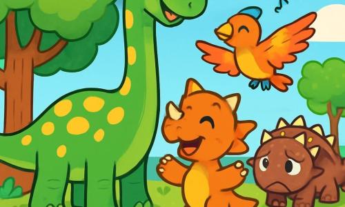 Un diplodocus alegre, con un largo cuello verde y manchas amarillas, se encuentra en el centro de la escena, sonriendo con ojos brillantes y curiosos. A su lado, un pequeño triceratops naranja, con tres cuernos afilados y una mirada juguetona, salta de alegría, mientras que un parasaurio de plumaje colorido canta con una voz suave, con las alas desplegadas. Al fondo, un anquilosaurio de espalda acorazada, con una expresión triste, observa a los demás con esperanza. La escena transcurre en una vasta llanura verde, salpicada de grandes árboles con hojas exuberantes y flores de colores brillantes, bajo un cielo azul con nubes blancas esponjosas. Los dinosaurios se reúnen alrededor de un gran árbol, listos para compartir un momento de alegría y amistad. La situación principal muestra a los dinosaurios riendo y jugando juntos, celebrando su amistad y apoyándose mutuamente en un entorno encantador y colorido.