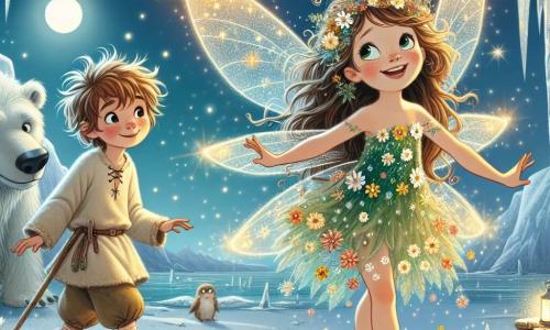 Una hada delicada con alas brillantes de tonos verdes y dorados baila alegremente bajo la luz de la luna, su rostro radiante de felicidad y curiosidad. Tiene el cabello largo y ondulado, adornado con pequeñas flores coloridas, y lleva un vestido hecho de pétalos de flores. A su lado, un niño de 10 años llamado Tomás, con cabello castaño desordenado y ojos chispeantes de asombro, observa a la hada con una sonrisa deslumbrante. Viste una túnica simple y pantalones de tela, y sostiene un palo de madera, listo para acompañarla en la aventura. Un gran oso polar, Boris, se encuentra un poco atrás, con una mirada amistosa y protectora. Su pelaje es blanco brillante y tiene ojos suaves, listo para ayudarles en su búsqueda. La escena transcurre en un claro de nieve brillante, rodeado de majestuosas montañas cubiertas de hielo, donde los cristales de hielo brillan como diamantes bajo la luz de la luna. Copos de nieve caen suavemente, añadiendo un toque de magia a la atmósfera. La hada y Tomás se preparan para enfrentar al guardián del Cristal de la mañana, un imponente lobo de hielo que se erige majestuosamente ante ellos, creando una tensión palpable en el aire.