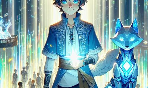 Un chico de 12 años, Elian, con cabello negro desordenado y ojos brillantes de curiosidad, se encuentra en la cima de una torre de cristal resplandeciente. Su rostro expresa una determinación luminosa y lleva una túnica azul adornada con patrones tecnomágicos. A su lado, un autómata en forma de zorro, Zhar, con pelaje metálico brillante y ojos de cristal azul, lo observa con una expresión protectora. La escena tiene lugar en la sala principal de la Torre de los Sabios, donde columnas de luz y sombra bailan a su alrededor, creando un espectáculo hipnotizante de colores vivos y reflejos. Hologramas de antiguas batallas flotan en el aire, añadiendo un toque de misterio a la atmósfera. Elian, sosteniendo el Núcleo de Althar, proyecta una barrera luminosa para proteger la torre de los mercenarios que se acercan, mientras destellos de luz emanan de su artefacto, iluminando su rostro con un resplandor dorado.