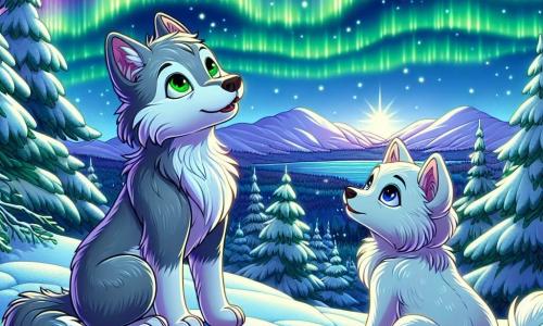 El personaje principal es un pequeño lobo llamado Luno, con un pelaje gris suave y ojos brillantes de curiosidad. Está sentado en una colina nevada, mirando maravillado hacia el cielo, donde bailan auroras boreales de colores vivos como el verde y el violeta. A su lado está Nieve, una pequeña loba de pelaje blanco brillante, que sonríe, compartiendo el asombro de Luno. Ella está sentada con las patas delanteras sobre las rodillas, mirando el cielo con admiración. El lugar es una colina cubierta de una gruesa capa de nieve brillante, rodeada de grandes árboles con ramas cargadas de nieve, bajo un cielo nocturno estrellado. La escena muestra a Luno y Nieve, maravillados por la belleza de las auroras boreales, compartiendo un momento de alegría y descubrimiento, simbolizando el espíritu de aventura y la magia del invierno.