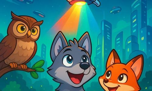 Un pequeño lobo de ojos brillantes y pelaje gris, Luno, se encuentra en el centro de la escena, mostrando una expresión de emoción y determinación. Mira hacia el cielo, donde un dron luminoso desciende suavemente, proyectando colores vivos en su rostro. Junto a él, una astuta pequeña zorra de pelaje naranja brillante, con ojos traviesos, observa el dron con curiosidad, su sonrisa revelando su entusiasmo. Un sabio búho de plumas marrones, posado en una rama cercana, los observa con una mirada reflexiva, sus ojos redondos y penetrantes delatando su interés por la situación. La escena se desarrolla en la plaza central de Nublia, una ciudad futurista con edificios brillantes rodeados de jardines bioluminiscentes que iluminan el suelo con un suave resplandor verde. Vehículos flotantes surcan el cielo, añadiendo un toque dinámico al fondo. Luno y sus amigos están listos para descubrir el mensaje del dron, que anuncia un proyecto de sostenibilidad para su ciudad. La emoción y la anticipación flotan en el aire mientras se preparan para enfrentar este nuevo desafío juntos.