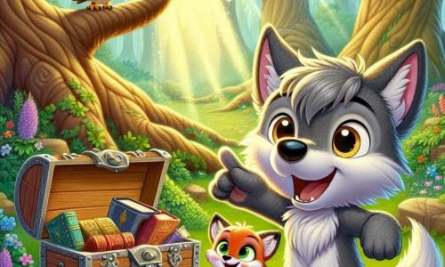 Lupo, un pequeño lobo de pelaje gris y ojos curiosos, se encuentra frente al majestuoso Árbol de los Secretos, sonriendo. Está señalando un antiguo cofre lleno de libros y canciones, que brilla bajo los rayos del sol. A su lado, Zuri, una bonita zorra de pelaje rojo y ojos traviesos, salta de alegría, expresando su emoción. Bruno, un sabio búho de plumas marrones y gafas redondas, está posado en una rama, observando con admiración. El lugar es un claro encantado, rodeado de árboles gigantes y hojas verdes, con flores coloridas en el suelo. Un rayo de luz ilumina el cofre misterioso. La escena muestra a Lupo y sus amigos descubriendo el tesoro del Árbol de los Secretos, llenos de alegría y listos para compartir sus nuevas historias.