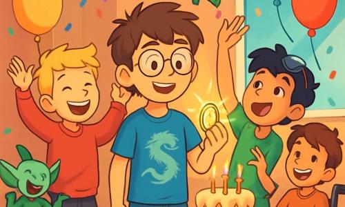 There are 4 children: - Elliot: a 12-year-old boy with messy brown hair and round glasses. He is wearing a blue t-shirt with a dragon design and denim shorts. He stands in the center, smiling, holding a shiny amulet in his hand. - Max: a 12-year-old boy with blonde hair and freckles. He is wearing a red sweatshirt and black pants. He is to the left of Elliot, laughing and raising his arms in the air as if he is dancing. - Leo: a 12-year-old boy with black hair and sunglasses on his forehead. He is wearing a green t-shirt and striped shorts. He is to the right of Elliot, trying to catch a balloon floating above him. - Sam: a 12-year-old boy with brown hair and a big smile. He is in a wheelchair, wearing an orange t-shirt. He is slightly behind, watching his friends with a joyful expression, surrounded by magical creatures. The setting takes place in a living room transformed into a true wonderland: colorful garlands hang from the ceiling, balloons float in the air, and a large table is covered with a cake decorated with sparkling candles. Magical creatures like goblins and pixies dance around the children, adding a touch of magic to the festive atmosphere. The main scene shows the children celebrating Elliot's birthday, surrounded by their new magical friends, laughing and having fun together in a joyful and colorful ambiance.