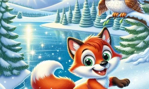 In einer märchenhaften Winterlandschaft gleitet ein kleiner roter Fuchs namens Finn mit glänzendem Fell und neugierigen Augen fröhlich über einen gefrorenen See, ein großes Lächeln erhellt sein Gesicht. In der Nähe beobachtet seine beste Freundin, die Eule Lila, mit bewundernden großen runden Augen von einem Baumast aus, ihre Flügel leicht ausgebreitet, bereit zum Abheben. Die Kulisse ist ein wunderschöner gefrorener See, umgeben von schneebedeckten Hügeln, die im Wintersonnenschein funkeln, während sanfte Schneeflocken vom hellblauen Himmel fallen und eine magische, friedliche Atmosphäre schaffen. Die Szene zeigt Finn, der über das Eis gleitet, lacht und Spaß hat, während Lila ihn von ihrem Platz aus anfeuert und den fröhlichen, freundlichen Geist eines abenteuerlichen Wintertages einfängt.