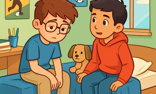 Er zijn 2 hoofdpersonages: - Bram: een 12-jarig jongen met rommelig bruin haar en een bril. Hij draagt een blauwe t-shirt en beige broek. Hij zit op zijn bed, met een peinzende blik, kijkend naar zijn schoenen. - Amir: een 12-jarig jongen met zwart haar en sprankelende ogen. Hij draagt een rode sweater en een spijkerbroek. Hij zit naast Bram op het bed, met een meelevende blik, klaar om naar zijn vriend te luisteren. De situatie speelt zich af in de kamer van Bram. De muren zijn lichtgroen geschilderd, en er hangen voetbalkalenders aan de muur. Een houten bureau staat vol boeken en potloden, terwijl een raam zonlicht binnenlaat, dat de kamer een zachte warmte geeft. Een zacht tapijt ligt op de vloer, en een knuffeldier in de vorm van een hond ligt op het bed. De hoofdscène van het verhaal toont Bram en Amir die praten over het verlies van Bram's vriend, zijn grootvader. Bram ziet er verdrietig en peinzend uit, terwijl Amir, met een troostende blik, zachtjes met hem praat en probeert hem steun te bieden.