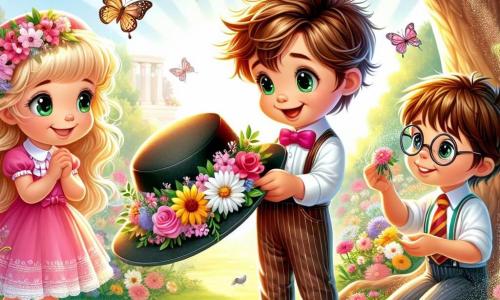 In un giardino soleggiato, tre bambini si riuniscono per celebrare la festa del papà. Luca, un ragazzo di 8 anni con i capelli castani in disordine e occhi scintillanti, tiene in mano un cappello decorato con fiori colorati, sorridendo. Accanto a lui, Anna, una ragazza di 7 anni con lunghi capelli biondi intrecciati e un vestito rosa, ammira il cappello con meraviglia. Marco, un ragazzo di 9 anni con capelli castani e occhiali rotondi, sta cospargendo il cappello di polvere luccicante, concentrato e felice. Il giardino è pieno di fiori vivaci e un grande albero al centro, con rami che si estendono come braccia accoglienti. I bambini stanno preparando una sorpresa per il papà di Luca, decorando il cappello con amore e aspettando con impazienza la sua reazione.