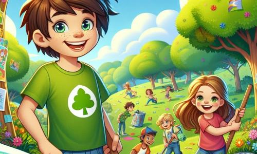 Un ragazzo di 8 anni, di nome Marco, con capelli castani disordinati e occhi brillanti di curiosità, sorride felice tenendo un grande cartello colorato che dice "Insieme per il pianeta!" Indossa una t-shirt verde con un disegno di albero e pantaloni corti blu. Accanto a lui, una ragazza di 7 anni, Sara, con capelli lunghi e biondi, è intenta ad appendere manifesti su un albero, il suo viso splendente di entusiasmo. Un altro ragazzo, Luca, di 8 anni, sta raccogliendo rifiuti nel parco, con un'espressione determinata e concentrata. Il luogo è un parco verdeggiante, pieno di alberi maestosi, fiori vivaci e un cielo blu chiaro punteggiato di nuvole bianche e soffici. Le famiglie e i bambini giocano intorno, creando un'atmosfera gioiosa e dinamica. La situazione principale mostra Marco e i suoi amici che organizzano un grande evento di pulizia e sensibilizzazione ecologica, con bambini che ridono e collaborano per raccogliere rifiuti, trasformando il parco in un luogo pulito e accogliente.