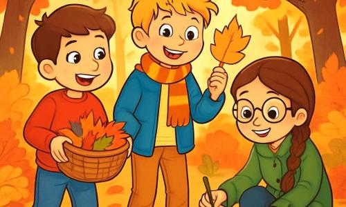 Ci sono 3 personaggi: Luca, un ragazzo di 10 anni con capelli castani e occhi brillanti, indossa un maglione rosso e jeans, tiene un cesto pieno di foglie colorate; Tommaso, un ragazzo di 11 anni con capelli biondi disordinati e un sorriso malizioso, è vestito con una sciarpa a righe e una giacca blu, esamina una grande foglia dorata; Giulia, una ragazza di 10 anni con lunghi capelli castani intrecciati e occhiali rotondi, indossa un cappotto verde e stivali di gomma, raccoglie ghiande da terra. I tre amici si trovano in un bellissimo bosco autunnale, circondati da alberi coperti di foglie dai colori vivaci. I bambini raccolgono tesori della natura mentre ridono e discutono del loro progetto artistico per la scuola, immersi nella bellezza dell'autunno con uccelli che cantano e una leggera brezza che fa danzare le foglie.