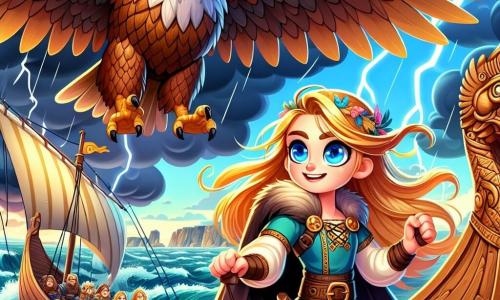 Een jonge Vikingvrouw genaamd Ingrid, met lange gouden haren die in de wind wapperen, staat trots op de brug van haar drakkar. Haar heldere blauwe ogen stralen van opwinding en vastberadenheid terwijl ze stevig het roer vasthoudt, klaar om de storm te trotseren. Naast haar zweeft een grote majestueuze adelaar met bruin en gouden veren in de lucht, zijn vleugels uitgespreid als een symbool van kracht en wijsheid. De drakkar, versierd met een gesculpteerde drakenkop, snijdt door de woelige golven van een onstuimige zee, onder een onheilspellende lucht waar donkere wolken zich ophopen. Bliksems verlichten de scène, wat een dramatische en magische sfeer creëert. Ingrid, omringd door de kracht van de natuur, bereidt zich voor om de naderende storm te trotseren, met een hart vol moed en avontuur.