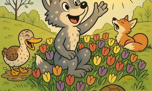 Een jonge antropomorfe wolvenpup (zacht grijs met witte vlekken) zit op een heuvel vol rode, gele en paarse tulpen, glimlachend en verwonderd, poot uitgestrekt naar de zon; links daarvan een oude gevlekte eend die lacht en zacht een moddersloot opspat met haar snavel; vooraan rechts een kleine, rustige schildpad met groene en bruine schaal die glimlachend over het natte gras schuifelt; achter de wolf ligt een jonge roodbruine vos met opgerolde staart en één wit oor, gaapend naar de hemel alsof hij licht inslikt; onderaan een fonkelend beekje en op de achtergrond bomen met lichtgroene knoppen; lente namiddag in gouden licht, warme vrolijke sfeer, heldere compositie, levendige kleuren, nette texturen, zachte lijnen en precieze contouren, in Frans-Belgische stripstijl, centraal gericht.