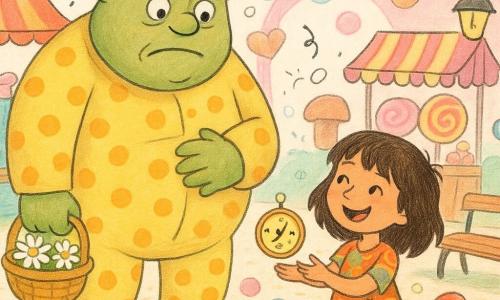 Un enorme ogre rotondo in pigiama a pois gialli, espressione confusa ma dolce, occhi tondi e sopracciglia aggrottate, tiene un piccolo cestino di margherite e si gratta la pancia che fa un leggero 
