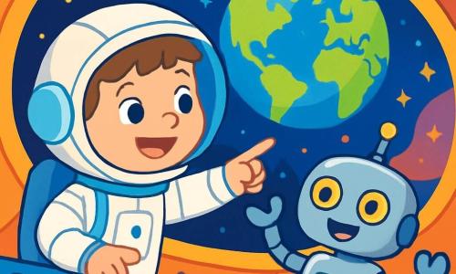 Un joven llamado Pedro, de aproximadamente 8 años, lleva un brillante traje de astronauta blanco con detalles plateados. Su rostro irradia alegría y emoción, y sus ojos brillan de asombro mientras mira por la ventana de su nave espacial. A su lado, un robot amistoso llamado Luni, con un cuerpo de metal plateado y ojos luminosos, realiza movimientos alegres, añadiendo un toque de magia a la escena. La escena transcurre en el espacio, con la Tierra azul y verde visible a través de la gran ventana de la nave, rodeada de estrellas brillantes y nebulosas coloridas. La nave está llena de botones coloridos y luces intermitentes, creando una atmósfera de aventura. Pedro y Luni están preparando su misión espacial, con Pedro señalando hacia la Tierra y explicándole a Luni las maravillas del espacio, mientras Luni emite pitidos entusiastas, listo para explorar los misterios del universo.