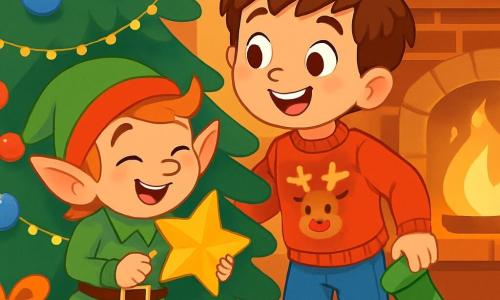 Un niño de 6 años, con el pelo castaño desordenado y ojos llenos de curiosidad, lleva un suéter rojo con un reno y jeans azules. Sonríe maravillado, sosteniendo un pequeño calcetín verde, buscando al duende travieso detrás del árbol de Navidad. Junto a él, un duende juguetón, con grandes orejas puntiagudas, pelo rojo y un traje verde brillante, ríe mientras esconde una estrella de Navidad bajo su brazo. La escena transcurre en una sala acogedora, decorada con guirnaldas brillantes y bolas de colores colgadas de un gran árbol. Regalos con envoltorios brillantes están esparcidos alrededor del árbol, y un fuego crepita suavemente en la chimenea, proyectando una luz dorada. El niño y el duende están en plena acción, el duende escondiéndose detrás del árbol, mientras el niño, con una mirada traviesa, se prepara para sorprenderlo, creando una atmósfera de alegría y magia navideña.
