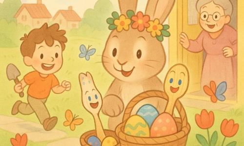 Lila, uma pequena colher de madeira com manchas azuis, é a personagem principal: alegre e maravilhada numa cesta de vime; o Coelho da Páscoa, grande, de olhos brilhantes e chapéu florido, sorri ao segurar a cesta ao lado dela; Tomé, um menino de cabelo bagunçado, corre atrás com uma pá pequena, e Dona Rosa, uma senhora de silhueta suave, abre a porta amarela de sua casa ao fundo; o jardim colorido tem grama verde, tulipas, margaridas, borboletas e um caminho de pedras, céu com arco-íris suave; a cena mostra a distribuição de ovos de Páscoa pintados (azul, amarelo, rosa) num ambiente caloroso e festivo, com traços arredondados e cores em tons pastéis, claro e legível para uma criança de 4 anos.