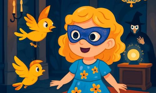 An 8-year-old girl with curly blonde hair and sparkling curious eyes stands at the center of the scene. She wears a blue dress adorned with floral patterns and a shimmering mask, displaying an expression of wonder mixed with excitement. Beside her, a bird with golden feathers flies in circles around her, as if inviting her to follow. The setting is a grand ballroom of an old mansion, with walls decorated with dark tapestries and dimly sparkling crystal chandeliers. The floor is covered with a worn red carpet, and shadows dance on the walls, creating a magical yet slightly eerie atmosphere. At the back of the room, a mysterious magician in a black cloak and silver mask stands near a large table with a glowing crystal ball. The main scene shows the little girl, awestruck, ready to uncover the mansion's secrets, as the magician begins to cast a spell, illuminating the room with vibrant and mysterious colors.