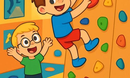 There are 2 main characters: Max, a 7-year-old boy with messy brown hair, wearing a bright blue t-shirt and red shorts, climbing a climbing wall with an enthusiastic smile. Ben, also 7 years old, has blond hair and round glasses, dressed in a green t-shirt and black pants, standing just below Max, raising his arms to encourage him. The setting is a colorful climbing gym with walls covered in multicolored holds ranging from red to yellow, green, and blue. Soft safety mats are on the ground, and posters of famous climbers decorate the walls. The main scene shows Max joyfully climbing towards the top of the wall while Ben encourages him with a big smile, creating an atmosphere of camaraderie and adventure.