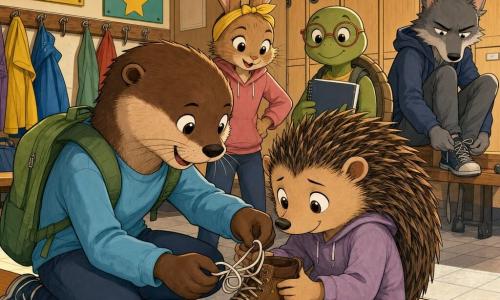 Milo, an anthropomorphic brown-furred otter with fine whiskers, kneels on a bench smiling and focused, holding navy sneakers with white laces as he helps Pippa, a small hedgehog with rounded quills and shy wide eyes, untangle and retie the laces on a brown boot; Junie, a young rabbit with a yellow headband, stands behind the bench hands on hips, mischievous and encouraging, Tessa, a calm turtle with an olive shell, stands slightly back with a notebook smiling proudly, and Grant, a tall gray wolf, appears by the light-wood lockers in the background with a loosely fastened shoe and a softened grumpy look; the school locker room shows wooden lockers, wall hooks with colorful raincoats, polished benches, tiled floor, bright 
