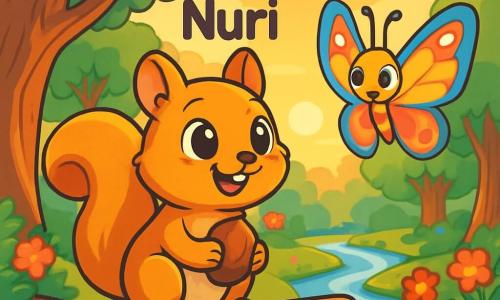 Ein kleiner, funkeläugiger Eichhörnchen namens Nuri mit golden-braunem Fell sitzt auf einem Baumast und lächelt voller Staunen. Er hält eine Nuss in seinen Vorderpfoten und schaut neugierig und freudig um sich. Neben ihm fliegt ein zarter Schmetterling namens Luna mit bunten Flügeln anmutig und zeigt eine freundliche, ermutigende Miene, bereit, ihm die Wunder der Welt zu zeigen. Die Szenerie ist eine verzauberte Lichtung, durchflutet von dem sanften Licht der untergehenden Sonne, mit leuchtenden Blumen in allen Farben, majestätischen Bäumen mit knorrigen Stämmen und einem glitzernden Bach, der sich durch die Landschaft schlängelt. Die Hauptsituation zeigt Nuri und Luna, die einen magischen Moment teilen, während Nuri die Schönheit der Natur und die Freude seines ersten Ramadan-Tages entdeckt, umgeben von der Pracht der ihn umgebenden Welt.