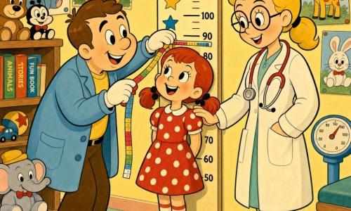 A smiling proud young man with short brown hair wearing a light blue smock and yellow T‑shirt measures a barefoot red‑haired five‑year‑old girl in pigtails against an illustrated wall height chart while a blonde female doctor in a white coat with round glasses and a red stethoscope gently rests her hand on the girl's shoulder and smiles. The bright colorful exam room has pale yellow walls with animal drawings, a star‑patterned height chart, a wooden shelf with toys and books, and a pastel checkerboard floor. The scene is warm and playful with joyful, reassuring expressions, vivid colors, rounded lines and simple shapes.