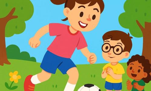 Una joven, Sofía, sonriente y llena de energía, lleva una camiseta de fútbol rosa y un short azul. Tiene el cabello castaño recogido en una coleta y está driblando un balón de fútbol en un campo verde. A su lado, un niño de 8 años, con gafas y una camiseta amarilla, la observa con admiración, listo para aprender. Otra niña de 7 años, con cabello rizado y vestida con un vestido verde, aplaude con entusiasmo. El parque está lleno de flores coloridas y árboles majestuosos, bajo un cielo azul brillante. Sofía enseña a los niños a driblar el balón, creando un ambiente alegre y dinámico.