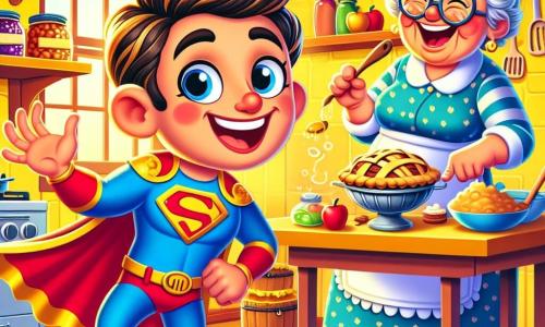 SuperPasticcio, un uomo con un costume colorato e scarpe scintillanti, ha un grande sorriso malizioso sul viso. Sta facendo il gesto della papera con la mano, gli occhi spalancati di sorpresa e gioia. Accanto a lui, la nonna Gina, una donna anziana con i capelli grigi raccolti e occhiali rotondi, ride di gusto, con un cucchiaio di legno in mano, in piedi vicino a un tavolo pieno di ingredienti per la pasticceria. La cucina è accogliente, con pareti gialle, scaffali pieni di barattoli di marmellata e una finestra che lascia entrare la luce del sole. La scena principale mostra SuperPasticcio che cerca di preparare una torta di mele, ma i suoi poteri comici lo rendono goffo, creando un disordine divertente in cucina.
