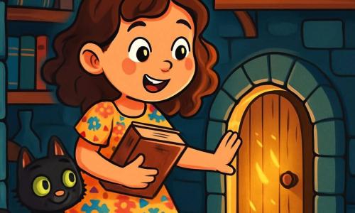 An 8-year-old girl, Lucy, with curly brown hair and sparkling curious eyes, stands in front of a small wooden door, her face lit up with excitement and wonder. She wears a colorful floral dress and holds an old book in her hands, ready to open it. Next to her, a black cat with bright green eyes, curious and playful, watches the door with a mischievous expression, as if it knows a secret. The setting is a dark, mysterious passage with stone walls covered in ancient books and shelves filled with strange objects, creating a magical and intriguing atmosphere. The main scene shows Lucy, intrigued, pushing the secret door, revealing a golden light filtering through the opening, promising an adventure full of hidden treasures and mysteries to discover.