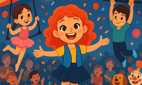 An 8-year-old girl, Ruby, with bright red curls and a big joyful smile, stands at the center of a circus scene, dressed in a sparkling blue vest and striped socks. She is taking a grand bow with her arms open, full of excitement and happiness. Next to her, Luna, a 7-year-old girl with braided brown hair and a pink tutu, is about to jump from her trapeze, a mischievous smile on her face. Further away, Pablo, a 9-year-old boy, is hanging from a bar, ready to perform a stunt, with a focused and determined expression. The setting is a vibrant circus tent filled with bright colors: twinkling lights, multicolored balloons floating from the ceiling, and amazed spectators sitting on wooden benches, applauding. The main scene shows Ruby and Luna taking a grand bow together, surrounded by falling confetti, while clowns and circus animals cheer them on with joyful shouts and laughter.