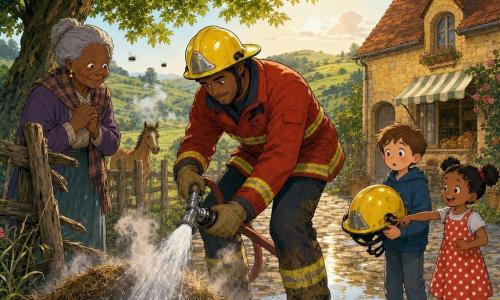 A calm, focused firefighter with a determined face and slight smile, shiny yellow helmet and red stitched jacket, leans forward holding a hose that sprays a silvery jet to douse a small smoldering haypile while gently spreading it, muddy boots on the ground; nearby to the left stands Mrs. Finch, about 70, grandmotherly in a plaid scarf and gray hair in a bun, hands clasped and relieved by a wooden fence; in the foreground right a wide-eyed 8-year-old boy with short chestnut hair holds an oversized helmet and a laughing 6-year-old girl in a polka-dot dress and pigtails points at the clearing smoke; background shows a yellow stone bakehouse with a thin chimney smoke, a dewy cobbled road, a broken wooden fence, a large dark-green maple, distant green hills and light mist, bees and a foal observing, late-afternoon warm colors contrasted with silvery water reflections.