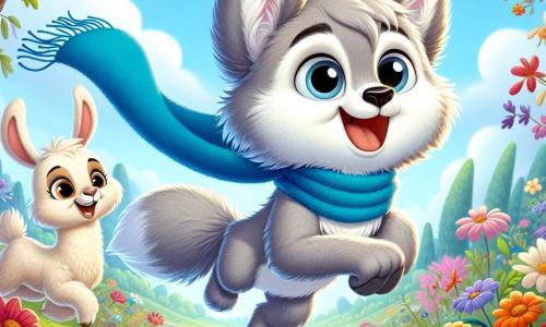 In the center of the image, Wally, a small light gray fluffy wolf with large sparkling eyes, is joyfully jumping in a field of colorful flowers. He wears a long blue scarf that flows behind him like a superhero cape, and his expression is full of excitement and happiness. To his right, Benny, a small rabbit with big ears and white fur, is laughing with cheeks full of carrots. He has a bright smile and seems ready to jump in to join Wally on his adventure. On the left, Lila, a lovely llama with soft creamy fur, looks at Wally with a warm smile. She has big gentle eyes and her long head is tilted as if encouraging her friend to continue his exploration. The backdrop is an enchanting landscape with trees featuring multicolored leaves, flowers dancing in the wind, and a blue sky dotted with fluffy clouds. In the distance, a winding path leads to a mysterious forest, full of promises of adventure. The main scene shows Wally, Benny, and Lila on a quest to find the Magic Berry, surrounded by laughter and bright colors, capturing the spirit of a joyful adventure filled with camaraderie.