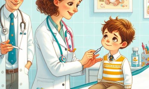 Scena o arată pe doctora Ana, o femeie de aproximativ treize ani, cu părul creț și brunet și un zâmbet cald. Ea poartă un halat alb și un stetoscop colorat la gât, examinând un băiețel pe nume Andrei, care are aproximativ 7 ani, cu ochi mari și curioși. Andrei, ușor îngrijorat, stă pe o masă de examinare, cu mâinile mici strânse pe genunchi. Lângă ei se află Vlad, asistentul medical, un bărbat jovial de aproximativ treizeci de ani, cu părul scurt și mustață. El zâmbește și ține un termometru, pregătit să ajute. Clinica este luminoasă și primitoare, cu pereți vopsiți în albastru deschis, afișe colorate cu desene de animale și fructe, și jucării împrăștiate pe o etajeră. Situația principală o arată pe Ana liniștindu-l pe Andrei, explicându-i că vaccinul este ca un super-erou care îl va proteja, în timp ce Vlad face o glumă pentru a-l relaxa. Atmosfera este caldă și plină de râsete, ilustrând bunătatea și empatia celor doi adulți față de băiețel.