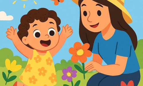 Uma menina de 2 anos, com grandes olhos brilhantes e cabelos cacheados, usa um vestido amarelo com flores. Ela sorri alegremente, com os braços levantados, pulando no jardim cheio de flores coloridas. Ao lado dela, sua mãe, uma mulher de cerca de 30 anos, com cabelos longos e lisos, usa um chapéu de palha e uma camiseta azul. Ela se agacha para admirar uma flor, sorrindo para a filha. O jardim está em pleno verão, com flores vibrantes de todas as cores: rosas, amarelas, roxas e laranjas, sob um céu azul claro e ensolarado. Borboletas coloridas voam ao redor das flores, acrescentando à magia do momento. A menina descobre as flores com deslumbramento, tocando delicadamente as pétalas, enquanto sua mãe a incentiva com um olhar terno.